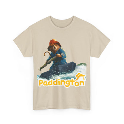 Front view of Paddington Bear in Peru Graphic Unisex T-Shirt – Premium Adventure Art Tee, featuring an illustration of Paddington Bear in a vibrant scene on a beige shirt.