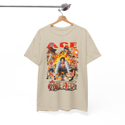 Elegant display of a beige anime graphic t-shirt with a fiery Ace design from One Piece, perfectly staged on a stylish hanger, representing a must-have for fans.