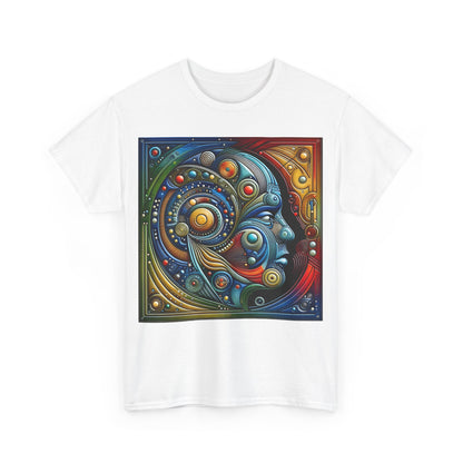 Stained Glass Dreams Unisex T-Shirt in white, displaying a vibrant abstract artwork of a human face, perfect for making a bold statement.