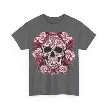 Close-up of the artistic skull and rose graphic on the Skulls and Roses Cotton Tee, emphasising its unique design that blends edgy style with elegance.