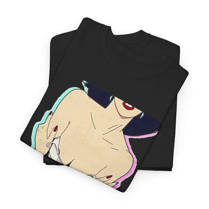 Stack of luxurious black t-shirts showcasing a vintage pin-up graphic of a suggestively posed female figure, embodying classic artistry with charming colour contrasts.