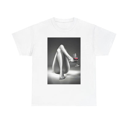 Luxurious men's and women's graphic cotton t-shirt featuring a serene design of crossed legs holding a wine glass, showcasing elegance and tranquility.