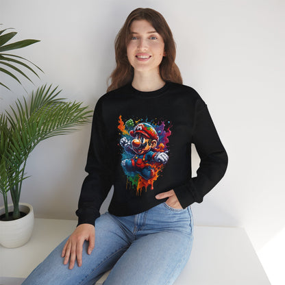 Stylish model wearing a Computer Game Character Unisex Crewneck Sweatshirt featuring a vibrant, artistic design of a popular game character against a colorful backdrop.