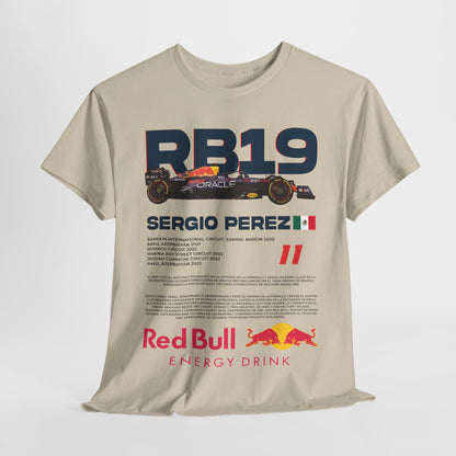 Men's luxury Red Bull RB19 F1 Racing Tee featuring Sergio Perez graphics, showcasing sleek high-performance design and race car illustrations.