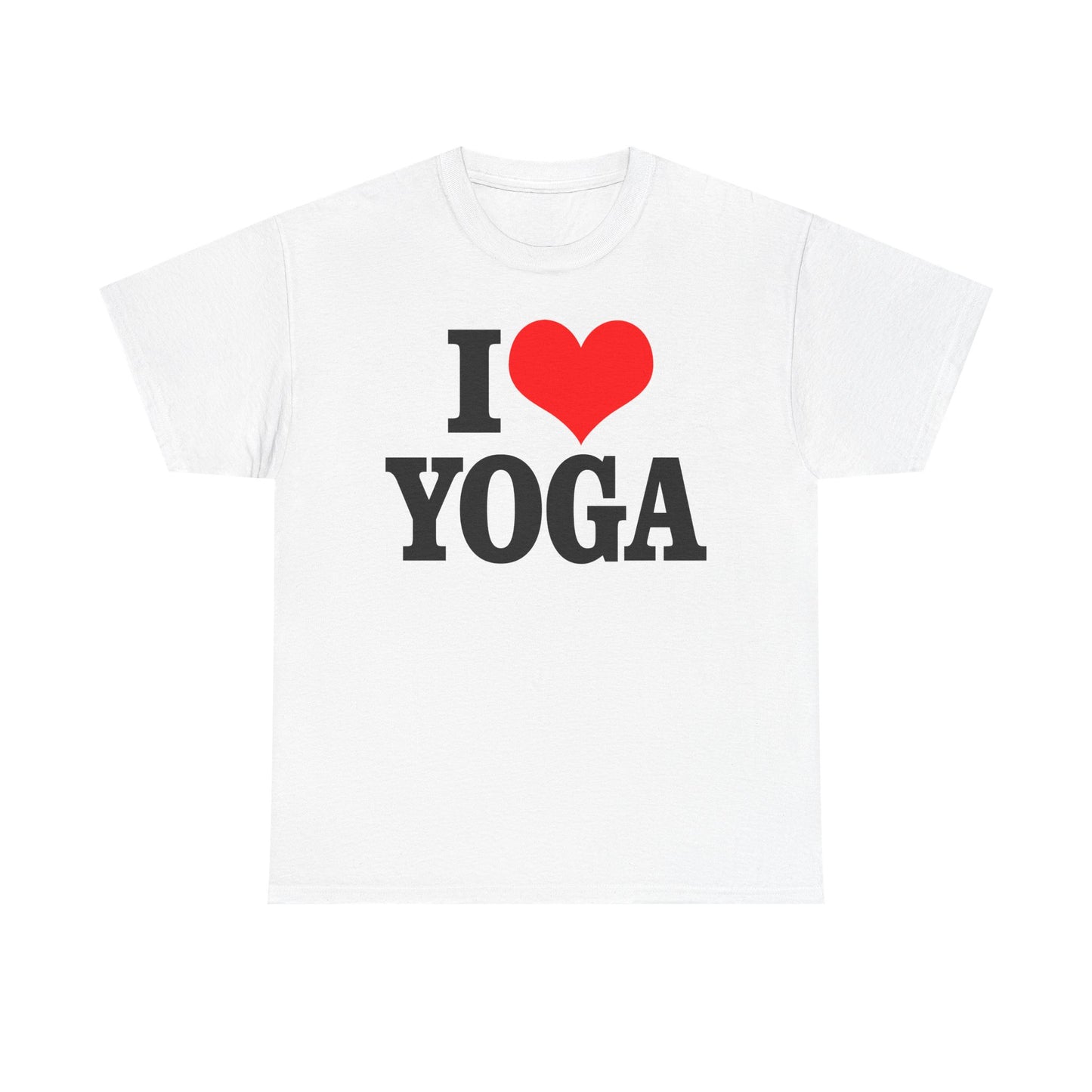 Luxurious white I Love Yoga t-shirt with bold black typography and a vibrant red heart graphic, perfect for yoga enthusiasts and a stylish addition to any wardrobe.