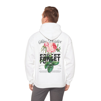 Sophisticated white hoodie with a motivational floral design on the back, featuring the phrases 'Stay Positive' and 'Forget Your Problems' amidst beautifully illustrated pink roses.