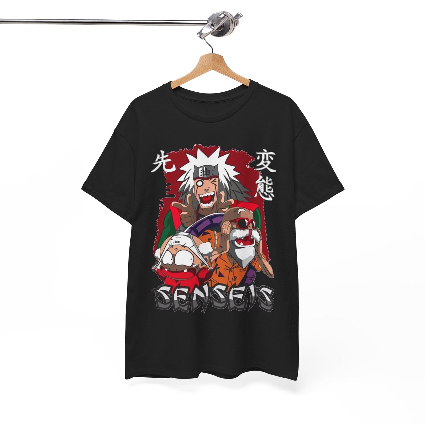 Stylish Sensei Graphic Tee hung on a clothes rack, highlighting its vivid graphic design and streetwear appeal.