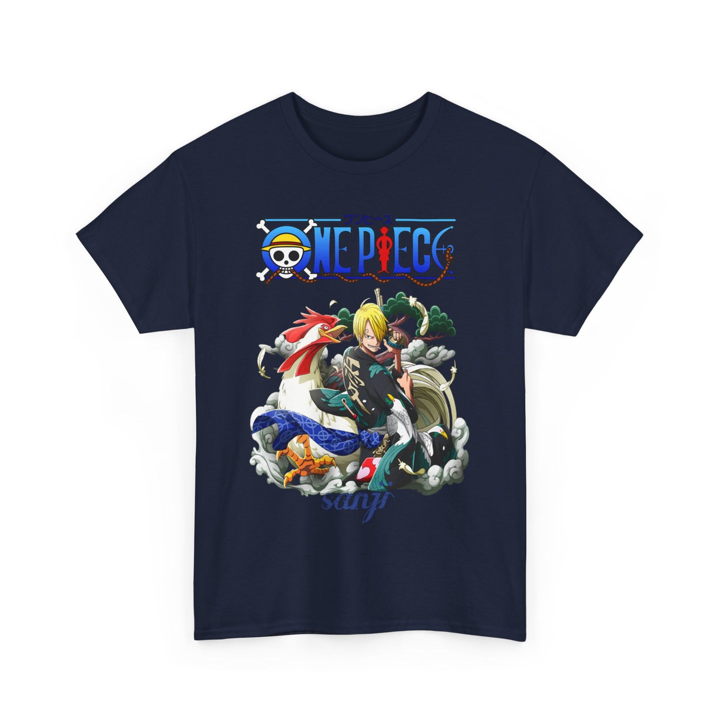 Front view of a luxurious men's t-shirt in navy, featuring the striking Sanji design from One Piece, combining artistic flair with contemporary style for the discerning anime fan.