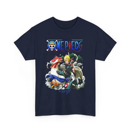 Front view of a luxurious men's t-shirt in navy, featuring the striking Sanji design from One Piece, combining artistic flair with contemporary style for the discerning anime fan.