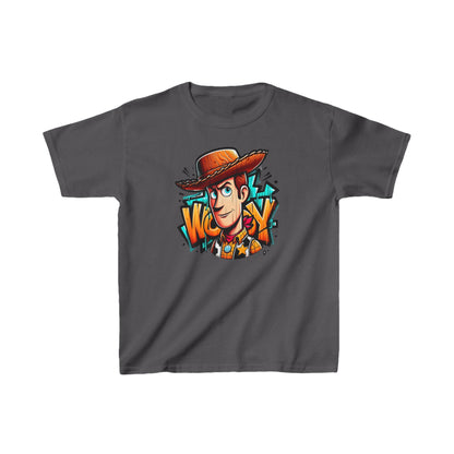 Stylish Childs Woody Graffiti Unisex Graphic Tee Shirt in sophisticated dark grey, adorned with a striking graffiti depiction of Woody from the Toy Story franchise.