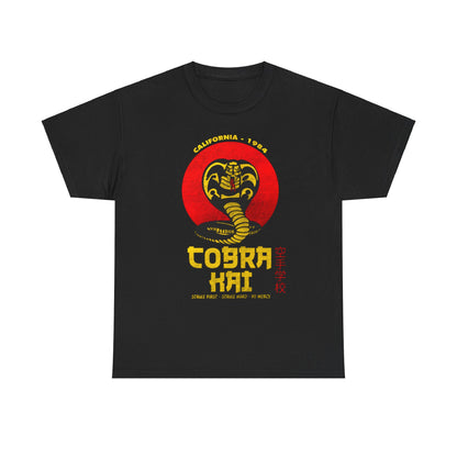 Luxury Cobra Kai graphic T-shirt featuring a striking black design, showcasing a coiled snake emblem with bold text 'Cobra Kai'. Perfect for fans who appreciate premium apparel inspired by martial arts.