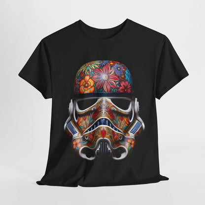 Luxurious Stormtrooper Art Funny Mens Womens Graphic T-Shirt, featuring a vibrant Artistic Stormtrooper helmet adorned with colourful flowers, perfect for urban style and pop culture enthusiasts.