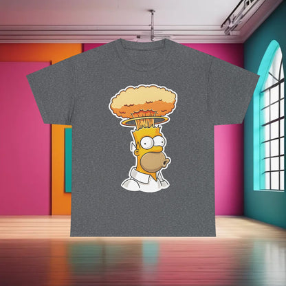 Homer Mind Blown Graphic T-Shirt Urban Unisex Cotton Tee presented in a fashionable grey setting, featuring a creative illustration of Homer Simpson with an explosive nuclear theme.