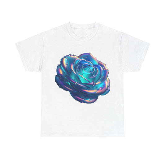 The Ethereal Rose Tee: An elegant unisex cotton graphic t-shirt featuring a striking close-up of a shimmering teal rose, highlighted with droplets, presented on a pristine white canvas.