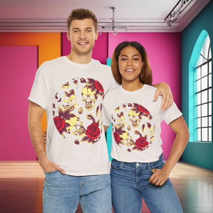 Couple wearing Skulls and Roses Cotton Tee, Unisex Graphic Shirt, featuring a bold skull and rose design, perfect for expressing alternative fashion.