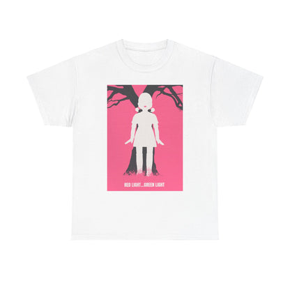 Squid Game Unisex Graphic Cotton Tee showcasing the iconic imagery of the 'Red Light... Green Light' game, perfect for fans seeking a unique and fashionable statement piece.