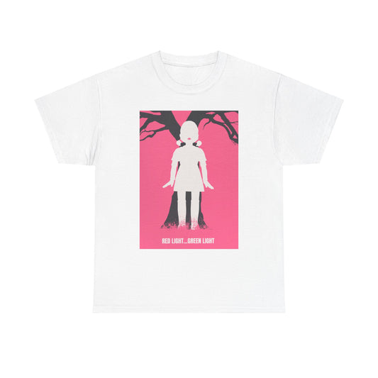 Squid Game Unisex Graphic Cotton Tee showcasing the iconic imagery of the 'Red Light... Green Light' game, perfect for fans seeking a unique and fashionable statement piece.