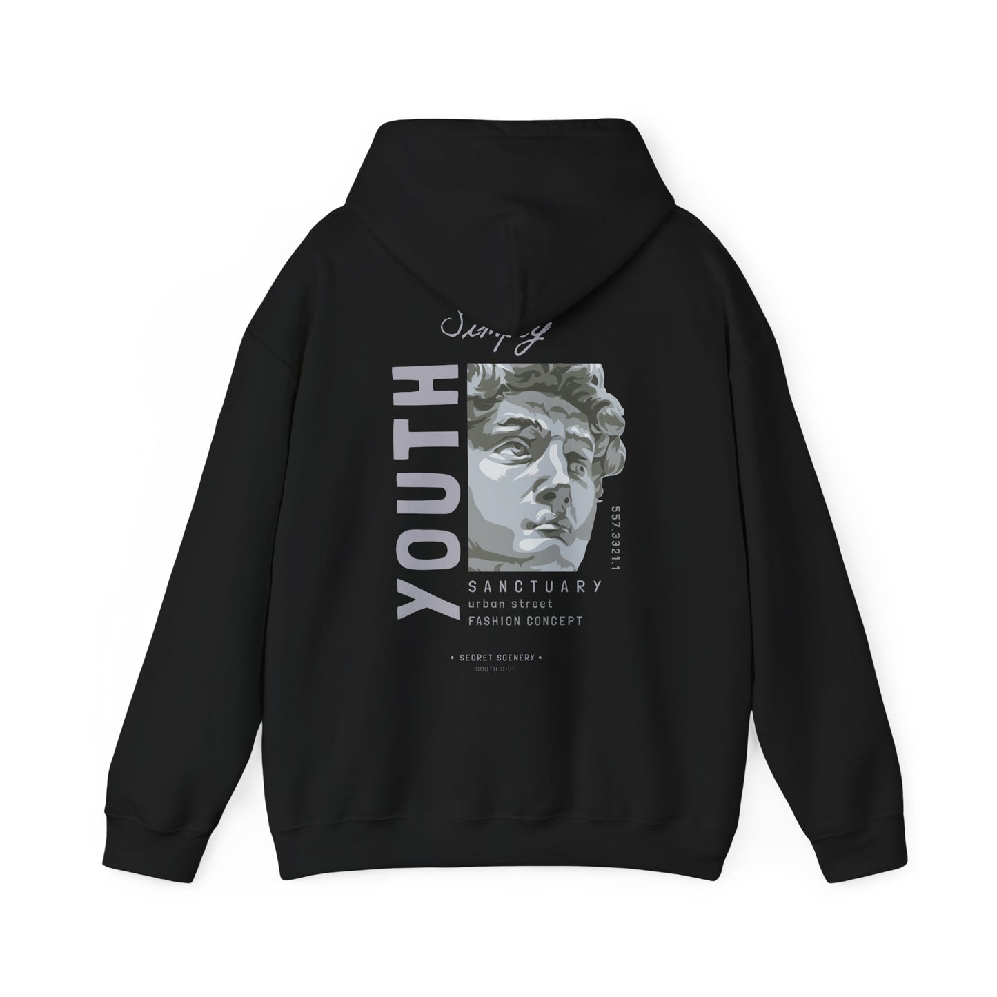 Back view of Urban Sanctuary Youth Hoodie in black showcasing a bold design with the word 'YOUTH' alongside an artistic bust image, perfect for contemporary street style.