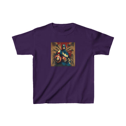 Kids Captain America Heavy Cotton T-Shirt in Deep Purple, featuring a stunning Captain America motif, perfect for adventurous little heroes.