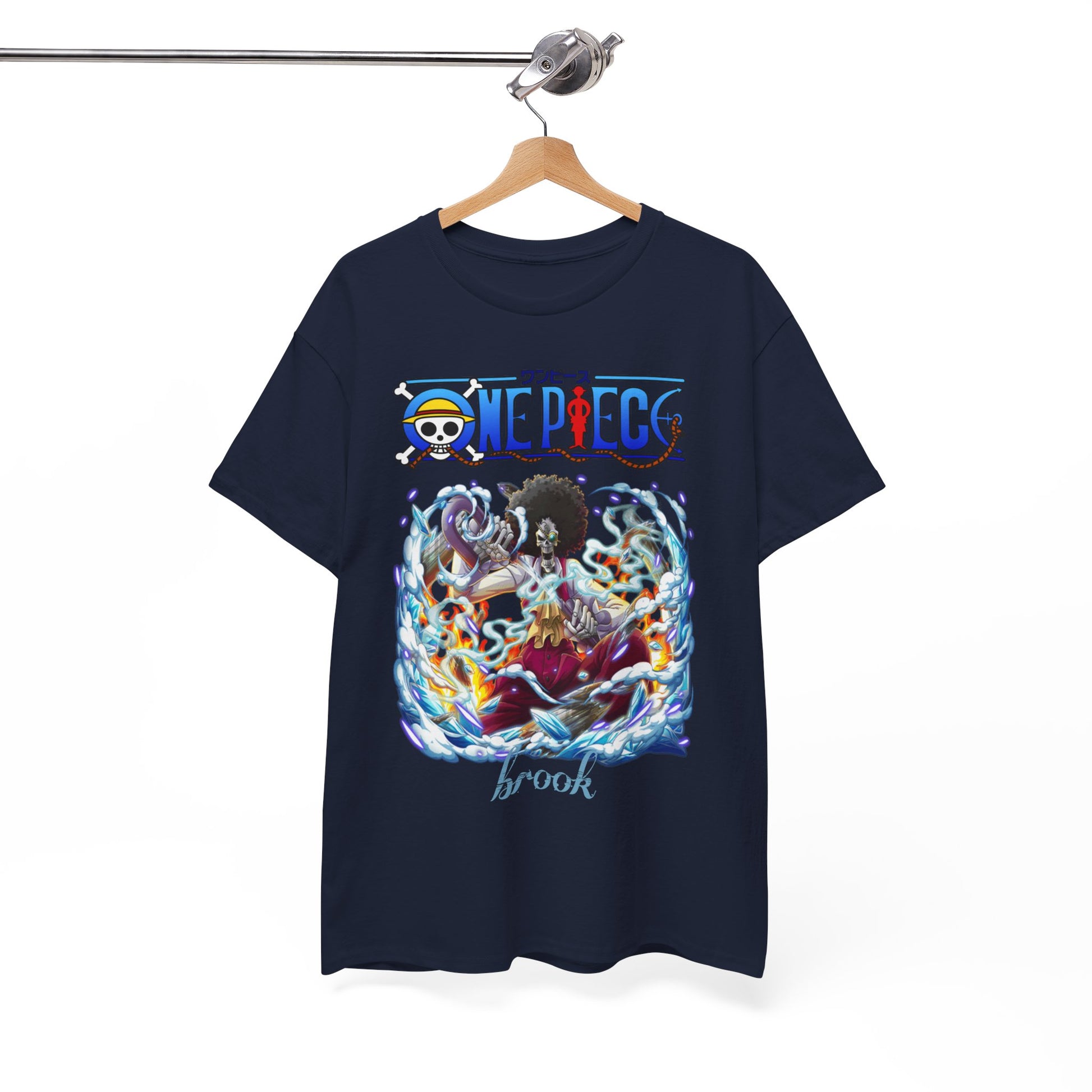 Refined display of a navy blue men's t-shirt featuring Brook from One Piece, highlighting a bold, eye-catching anime design against a clean backdrop.