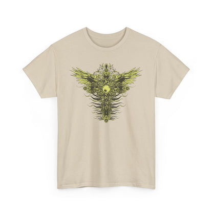 Luxurious beige men's t-shirt featuring an intricate graphic design of a decorative cross and stylized wings, crafted for a distinctive fashion statement.