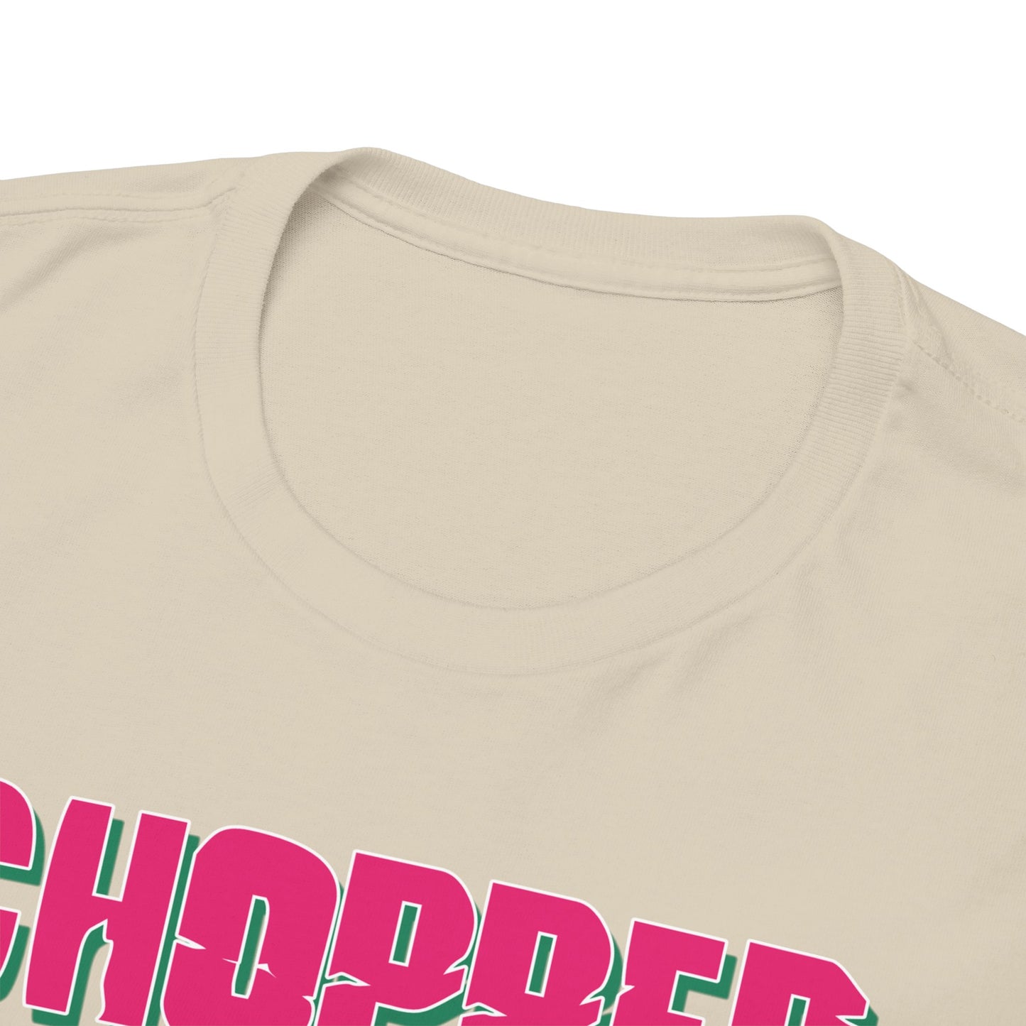 Close-up of the luxurious neckline on a premium beige graphic t-shirt, showcasing the high-quality fabric and vibrant Chopper graphic.