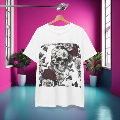 Front view of the Skulls and Roses Cotton Tee, elegantly displaying a striking steampunk skull and roses graphic.