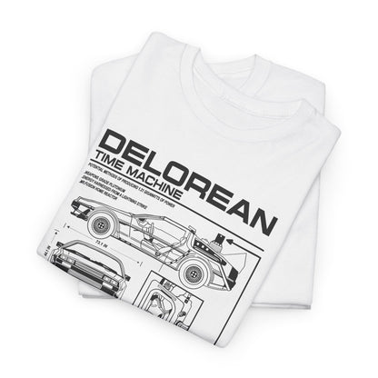 Stylish folded white t-shirts showcasing a DeLorean time machine blueprint, designed for luxury and comfort with a cinematic flair.