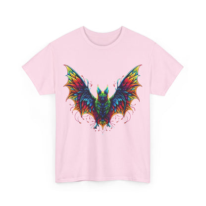 Radiant Evolution Bat Tee - Luxurious unisex cotton graphic t-shirt featuring a vivid rainbow bat design on a delicate pink backdrop, perfect for those who embrace artistry in fashion.
