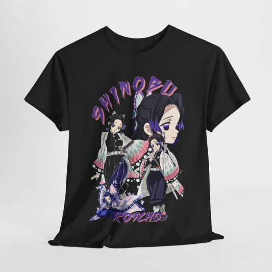 Elegant black T-shirt featuring a premium graphic design of Shinobu Kocho from Demon Slayer, adorned with butterfly wings and vibrant typography showcasing her name. Perfectly crafted for anime enthusiasts and a stylish streetwear statement piece.