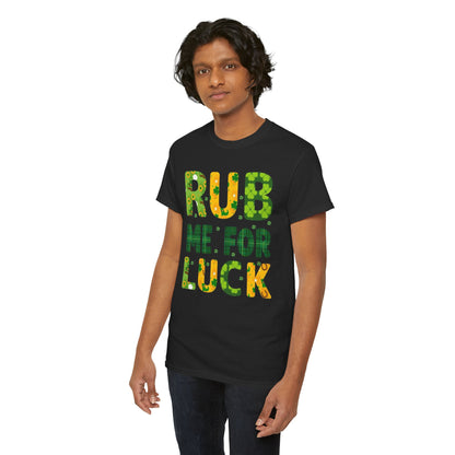 St. Patrick's Day unisex graphic tee featuring the phrase 'RUB ME FOR LUCK' in vibrant green and gold colours, adorned with shamrocks and plaid patterns.