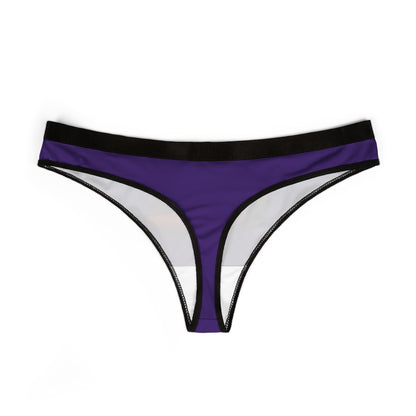 Chic women's thong in vibrant purple with contrasting black trim, showcasing a striking graphic of red lips, ideal for intimate and fun moments.