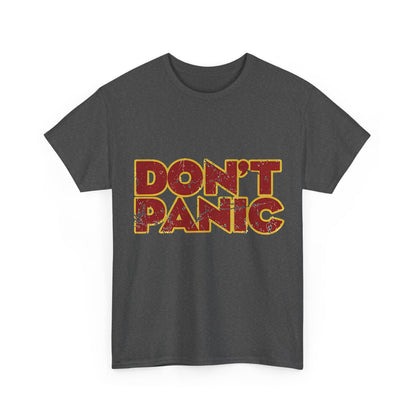 Chic Don't Panic Hitch Hikers Guide Graphic T-Shirt in charcoal, a sophisticated casual wear option for fashion-conscious fans of classic literature.