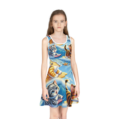Charming Eliza Bellethorne Girls Summer Kitten Print Pencil Skirt by Dazzling Dreams Studio displayed outdoors, capturing the essence of summer playfulness and trendy toddler fashion.