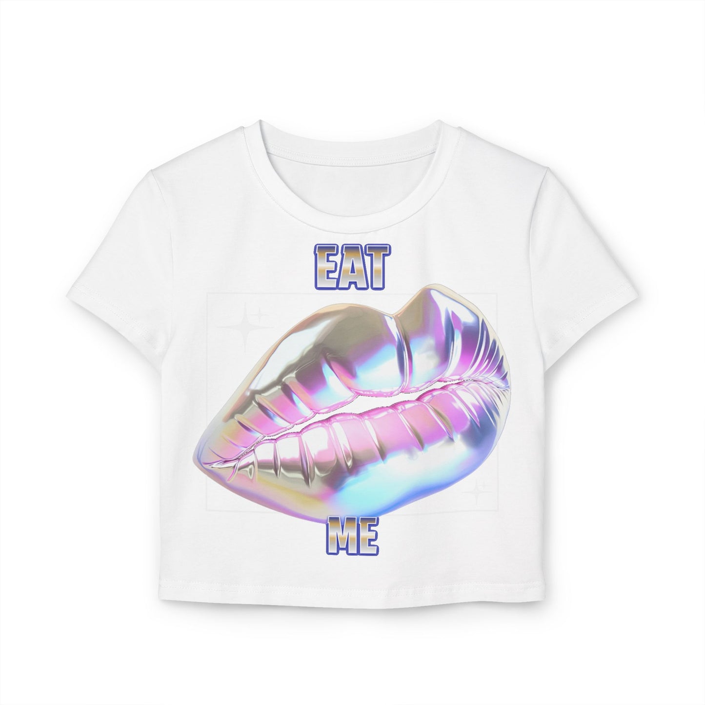 Stylish women's cropped t-shirt featuring a holographic lips design with the playful text 'EAT ME' in vibrant blue against a pristine white background, crafted from 100% organic cotton, perfect for a luxurious casual statement.