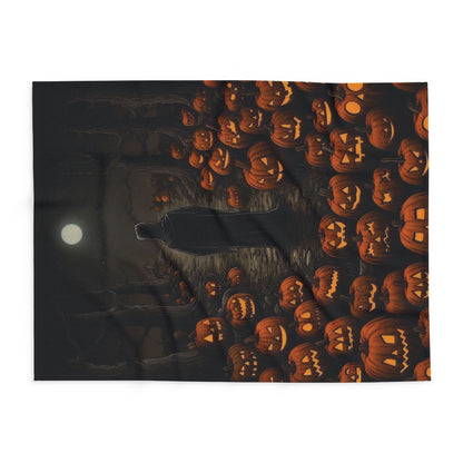 Stunning view of the Decorative and Warm Halloween Spooky Arctic Fleece Blanket laid flat, revealing intricate Halloween artwork with a shadowy figure and vibrant pumpkins.