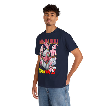 Sophisticated model wearing a navy blue T-shirt featuring striking Majin Buu characters from Dragon Ball Z, exemplifying modern anime streetwear with elegance.