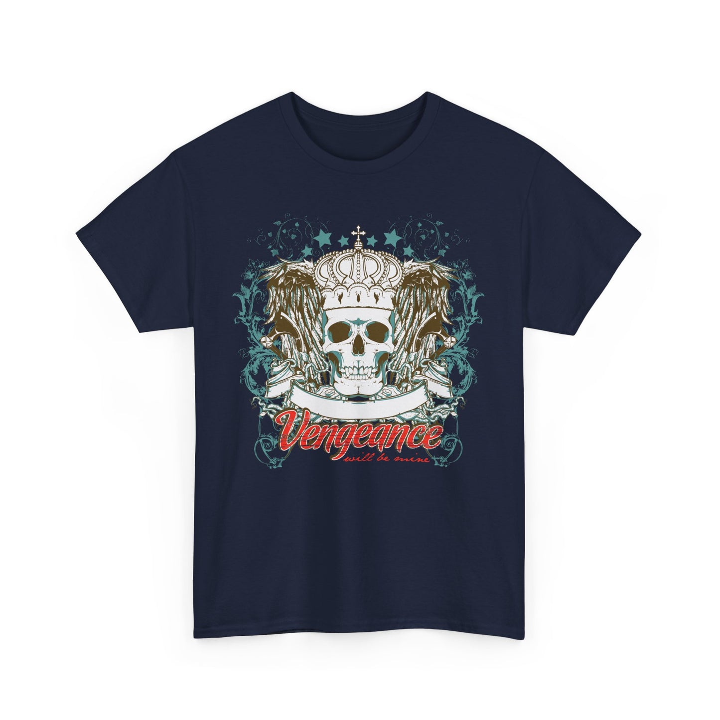 Striking front view of a navy blue T-shirt adorned with a regal skull design and ornate crown, elegantly displaying the bold 'Vengeance' graphic.