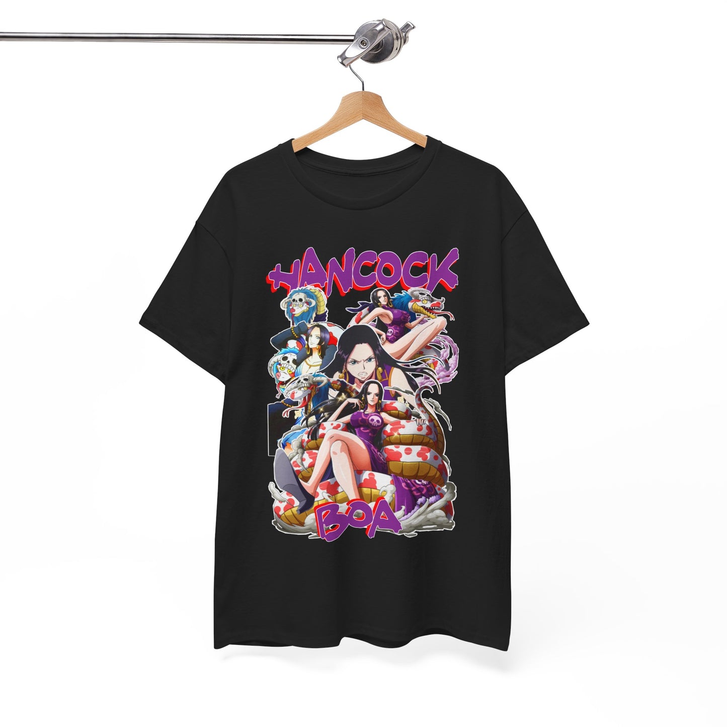Elegant black t-shirt elegantly hanging, showcasing the exquisite design of Boa Hancock in a colourful anime style, perfect for anime collectors and fashion enthusiasts alike.