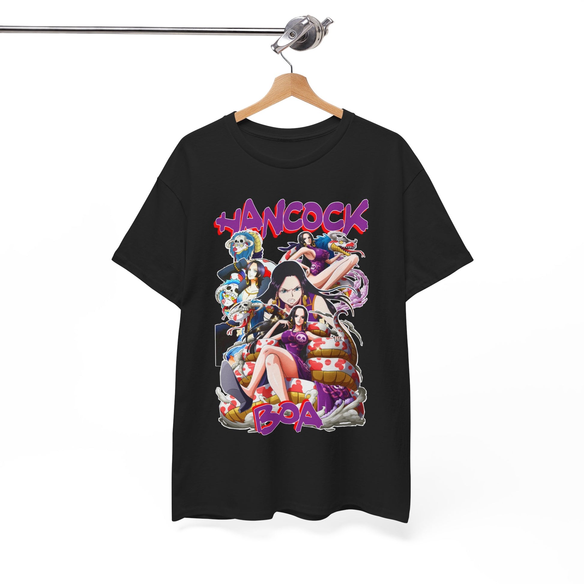 Elegant black t-shirt elegantly hanging, showcasing the exquisite design of Boa Hancock in a colourful anime style, perfect for anime collectors and fashion enthusiasts alike.