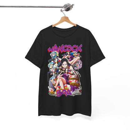 Elegant black t-shirt elegantly hanging, showcasing the exquisite design of Boa Hancock in a colourful anime style, perfect for anime collectors and fashion enthusiasts alike.