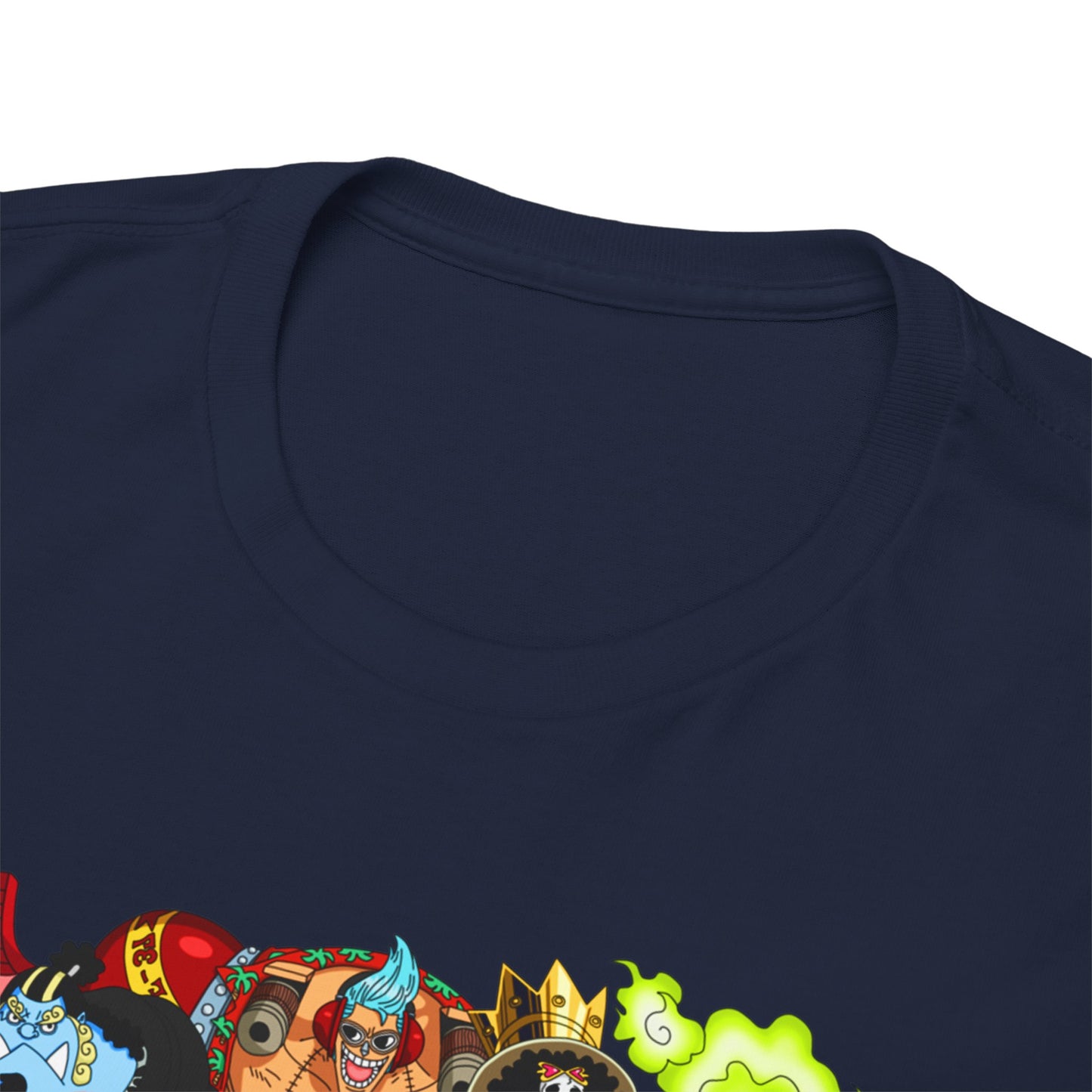 Close-up view of the neckline of a men's t-shirt with a character graphic from One Piece, highlighting premium fabric quality and luxurious comfort.