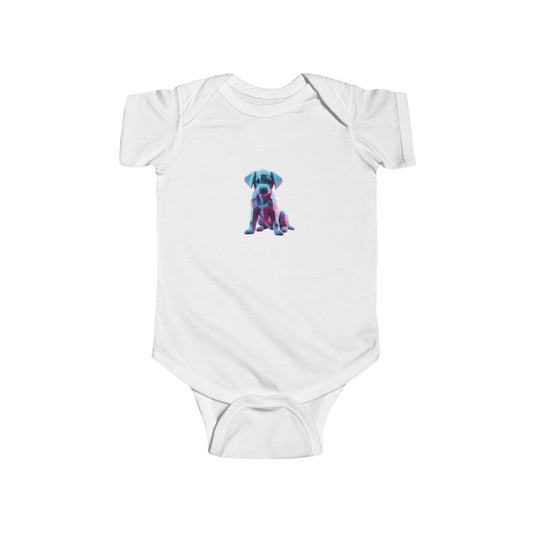 Luxurious puppy bodysuit for babies featuring a vibrant geometric design on a white infant onesie, perfect for stylish little ones.