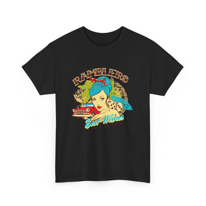 Front view of an exquisite black retro graphic t-shirt featuring a vibrant pin-up girl design, classic car, and playful typography, perfect for a touch of luxury in vintage fashion.