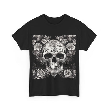 Close-up of the Skulls and Roses Cotton Tee featuring intricate skull and rose artwork on a black background, emphasising alternative fashion elegance.