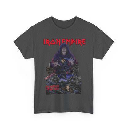 Iron Empire Graphic Tee in dark grey, displaying a striking Darth Sidious and Vader design, made of premium cotton for the discerning fashion enthusiast.