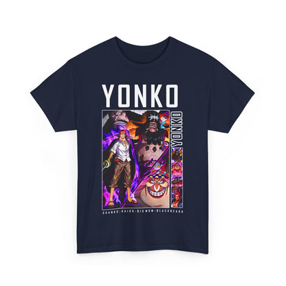 Front view of a luxurious navy men's t-shirt featuring a striking graphic design with iconic One Piece characters, including Shanks and Kaido, ideal for anime enthusiasts.