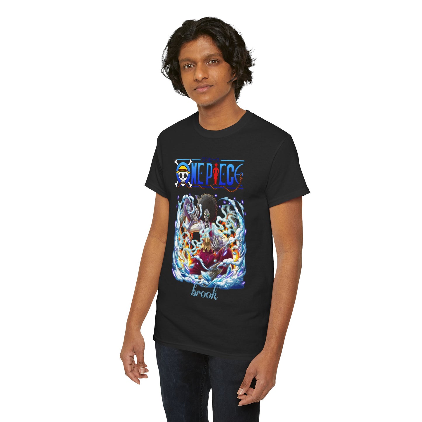 Chic male model posing in a black t-shirt adorned with a vibrant illustration of Brook from One Piece, radiating style and passion for anime.