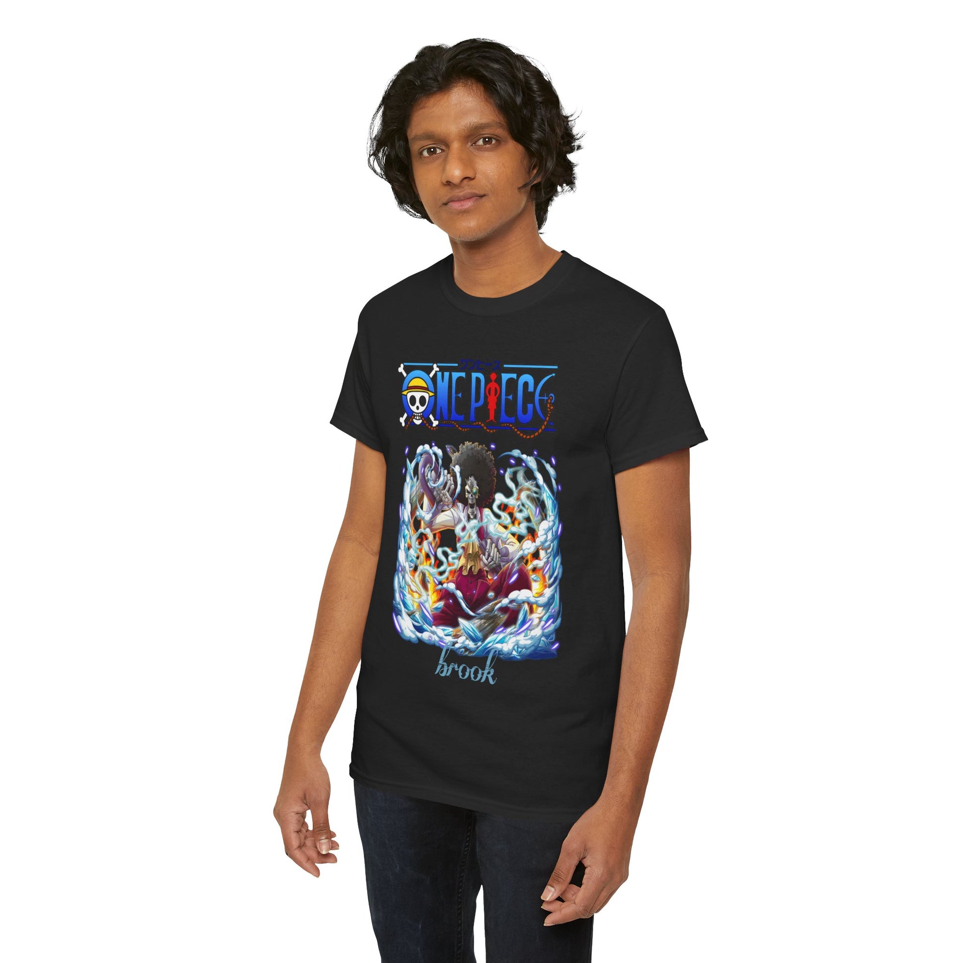 Chic male model posing in a black t-shirt adorned with a vibrant illustration of Brook from One Piece, radiating style and passion for anime.