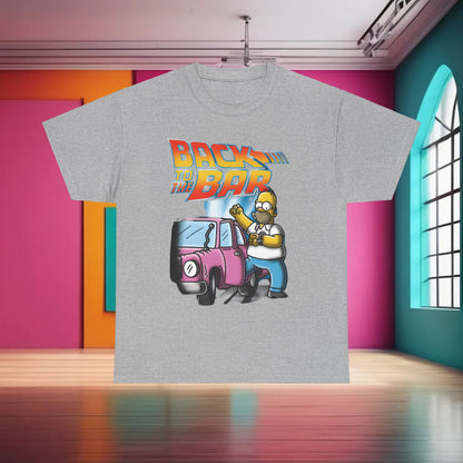 Chic Homer Simpson Back to the Bar Graphic T-Shirt in grey, featuring a vibrant illustration of Homer with a pink car, a fashionable choice for casual outings.